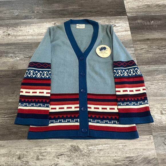 NWT Vintage 70s Kmart Womens Aztec L Abstract Bell Sleeve Cardigan Sweater - Picture 1 of 11